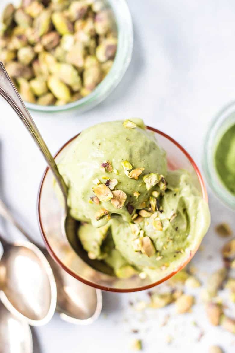 homemade pistachio ice cream overhead shot