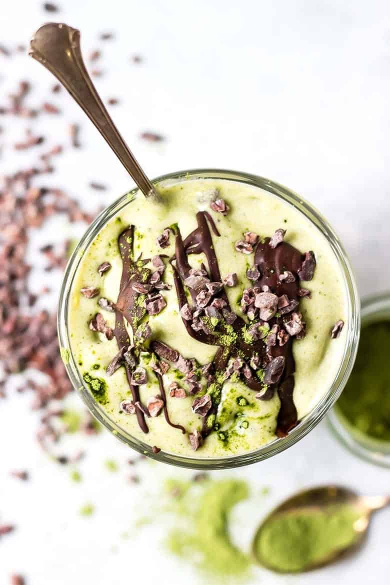 Paleo Shamrock Shake - Veggie Loaded Mint Chip Shake with Chocolate Fudge and Cacao Nibs top view