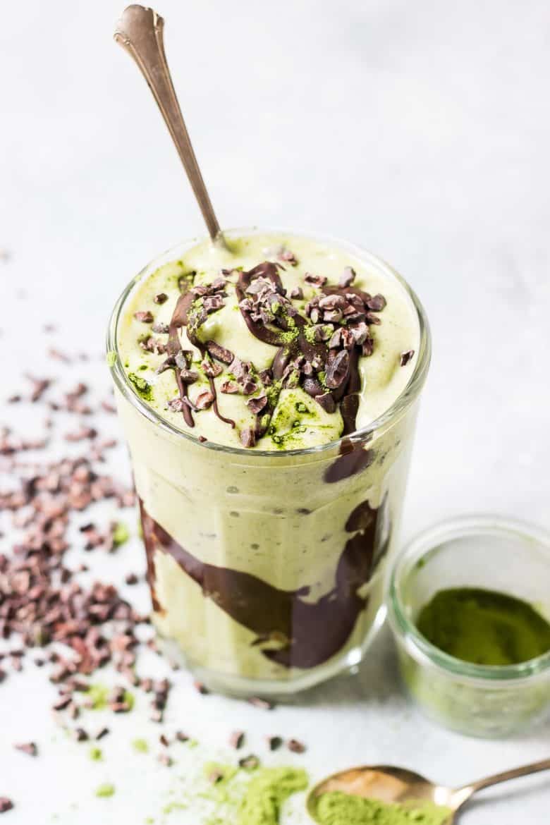 Paleo Shamrock Shake - Veggie Loaded Mint Chip Shake with Chocolate Fudge and Cacao Nibs