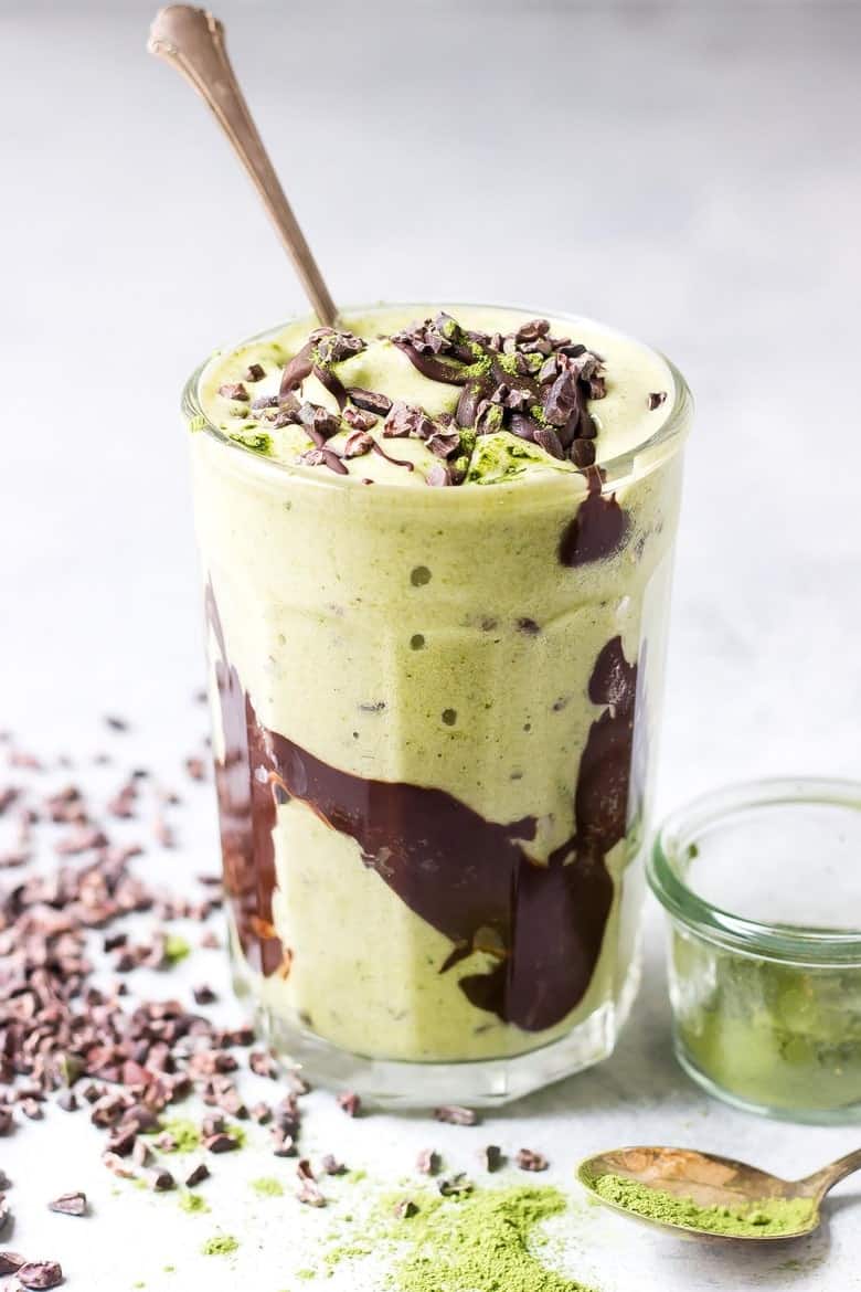Paleo Shamrock Shake - Veggie Loaded Mint Chip Shake with Chocolate Fudge and Cacao Nibs side view