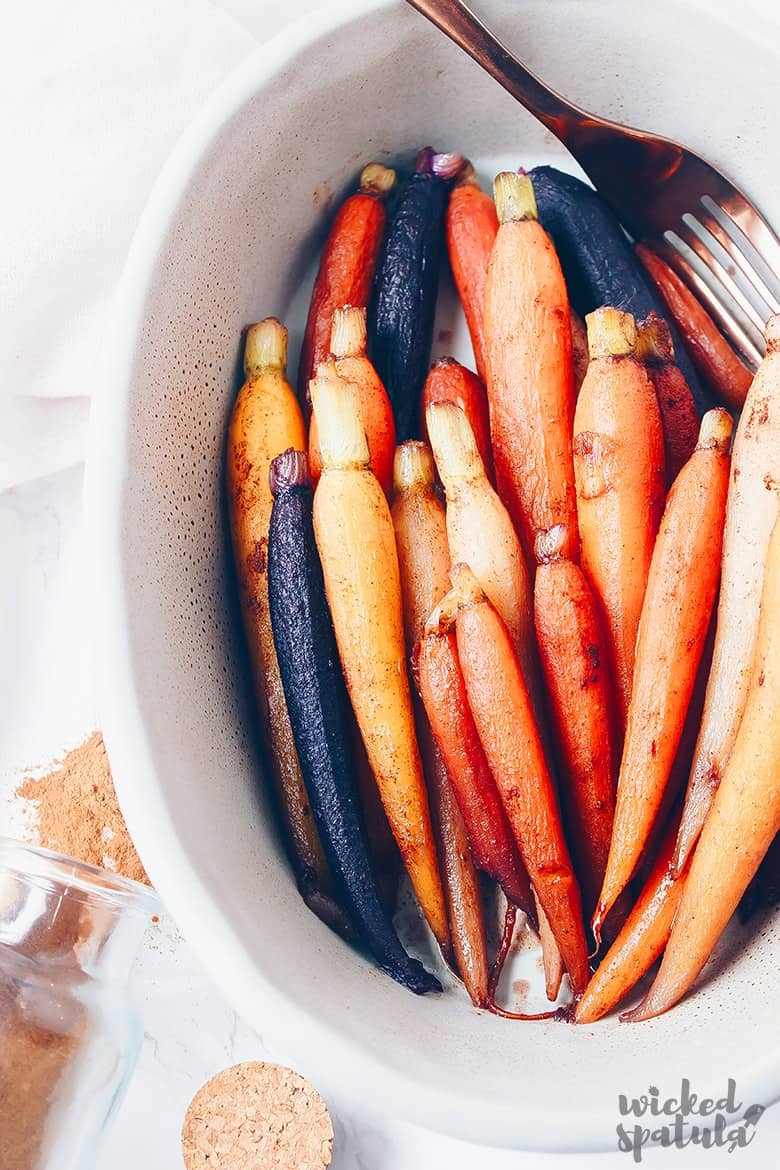 Vertical photo of cinnamon maple glazed carrots recipe