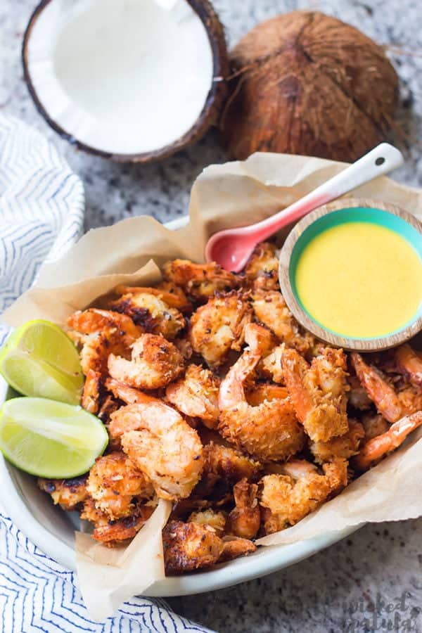 healthy coconut shrimp on a platter