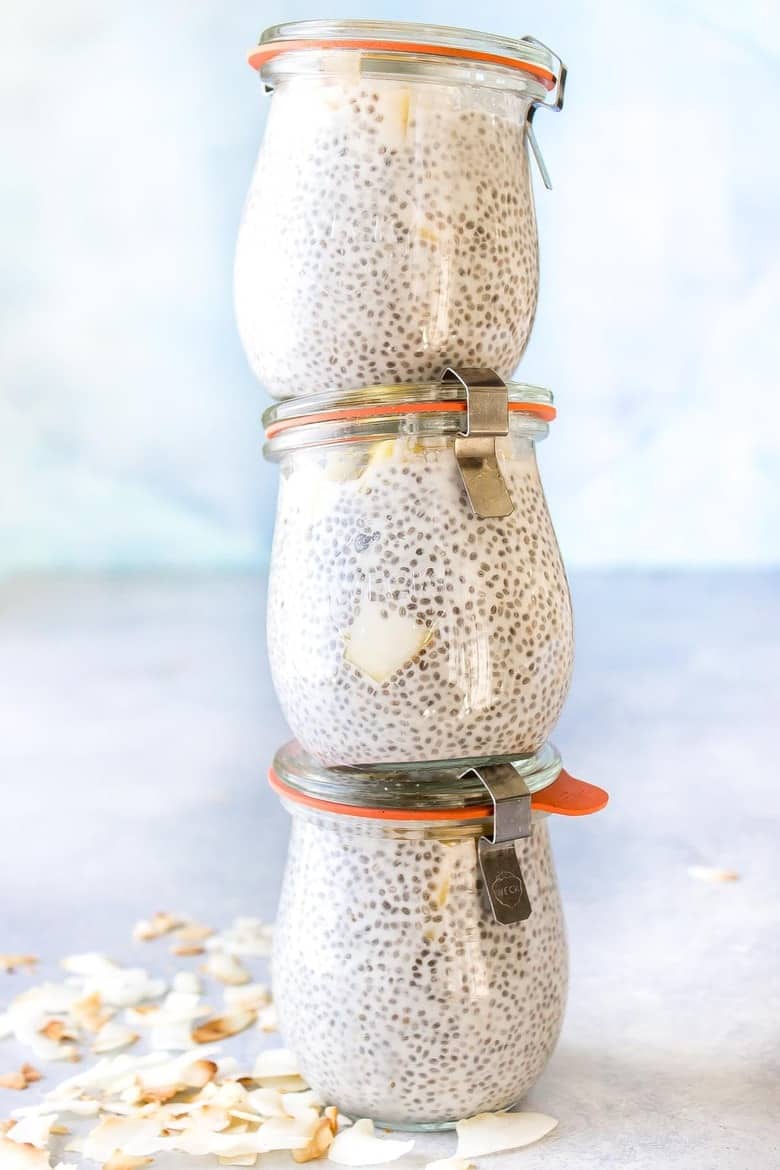 Mango Coconut Chia Pudding Recipe - Stacked jars of chia pudding