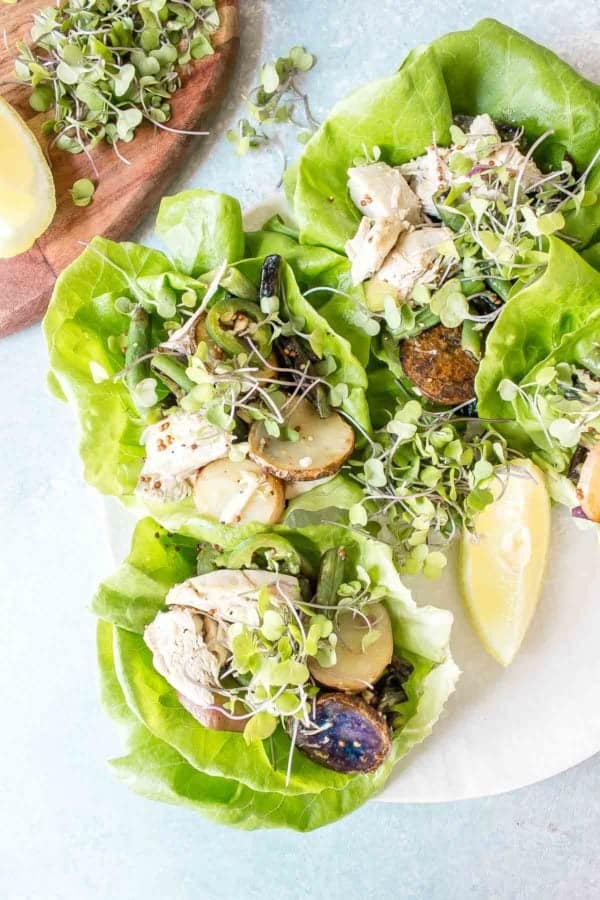 These Chicken, Potato, and Green Bean Lettuce Cups are packed full of flavor from the charred green onions and jalapenos to the tangy mustard dressing.