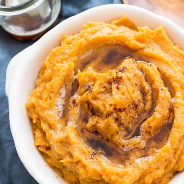 Overhead Shot Of Sweet Mashed Potato in Bowl
