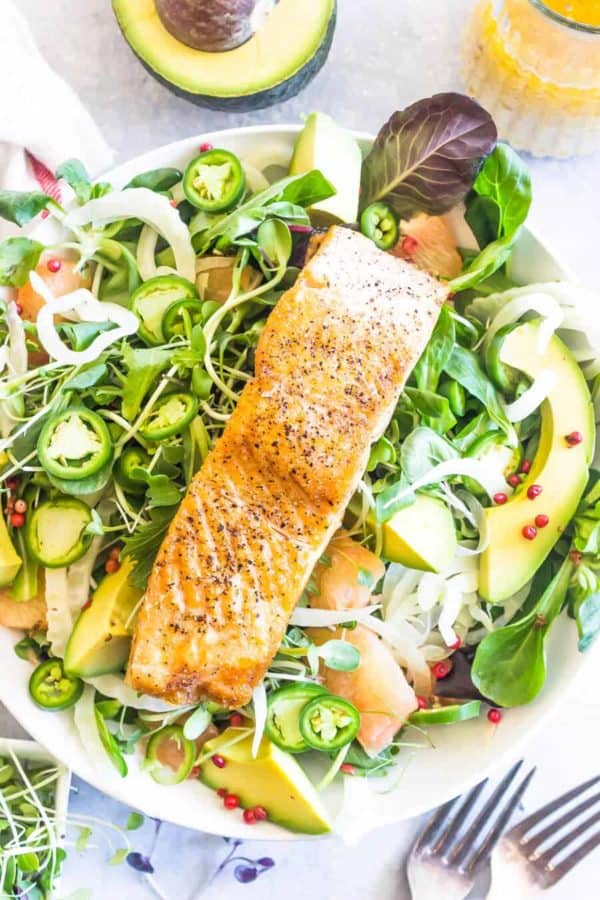 avocado salmon salad in a bowl