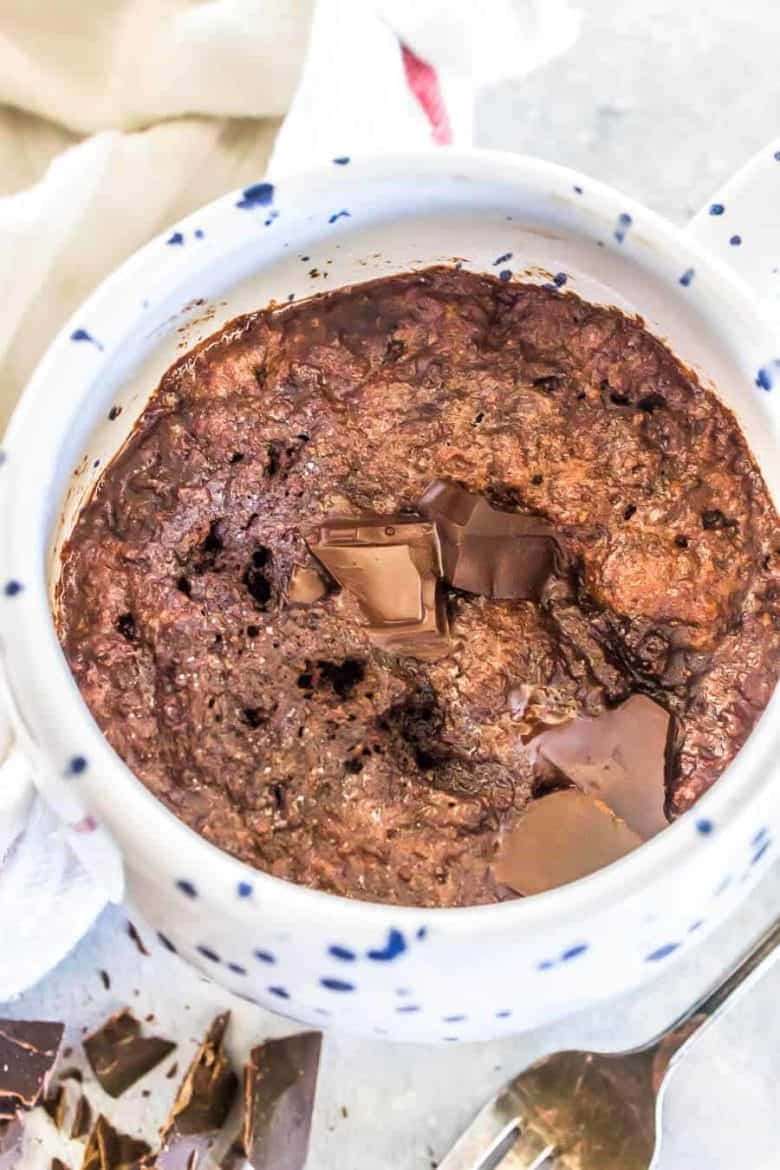 almond flour mug cake in white mug