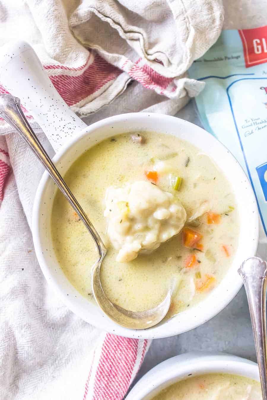 Gluten free chicken dumplings in a bowl Top view