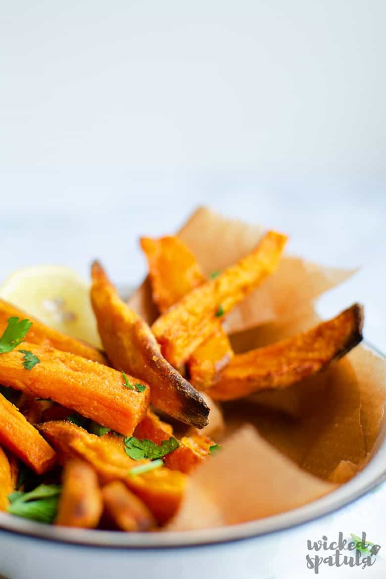 Closeup of crispy baked sweet potato fries