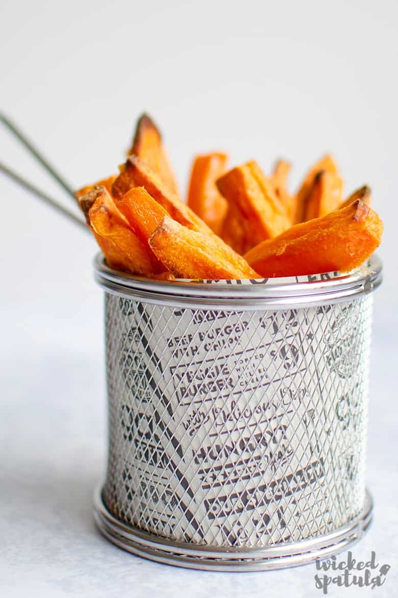 Crispy oven baked sweet potato fries in a cup