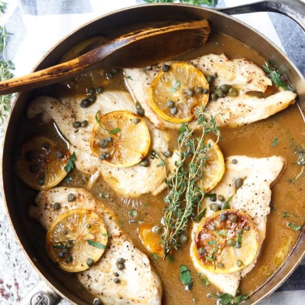 Lemon chicken piccata in pan