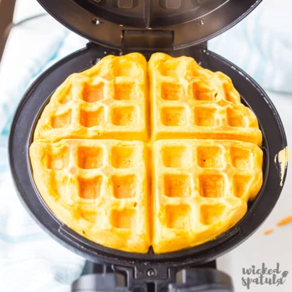 paleo sweet potato waffles in the waffle iron