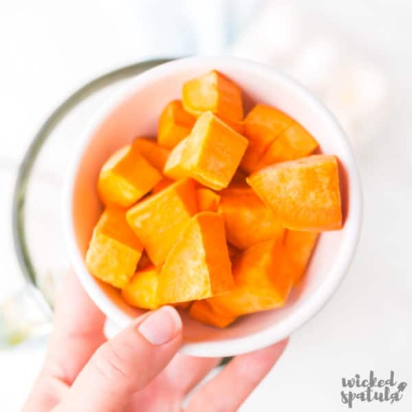 sweet potato waffles healthy - sweet potatoes going into the blender