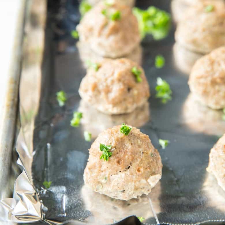 low carb turkey meatballs on a baking sheet