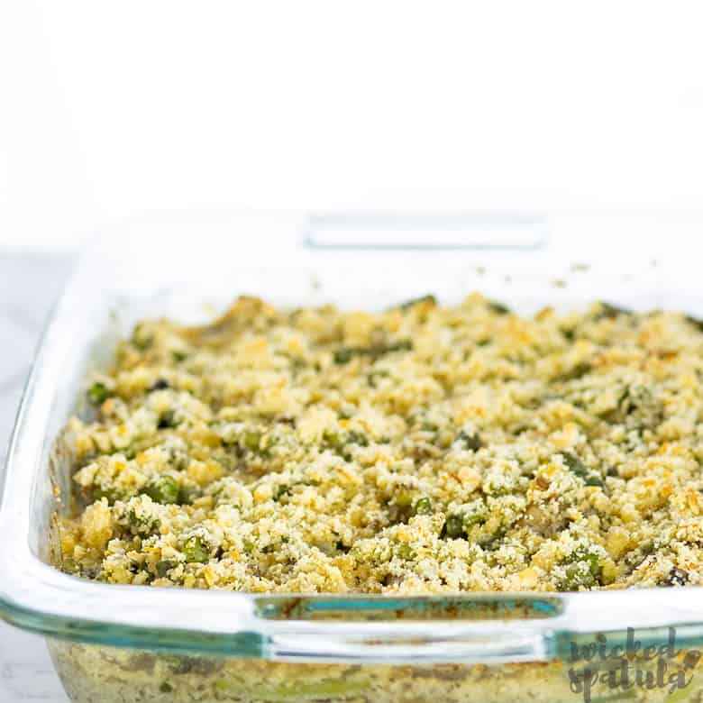 gluten-free dairy-free green bean casserole in baking dish