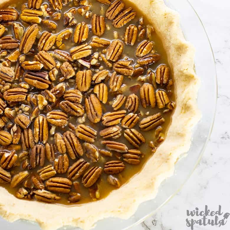 healthy pecan pie with pecan halves on top