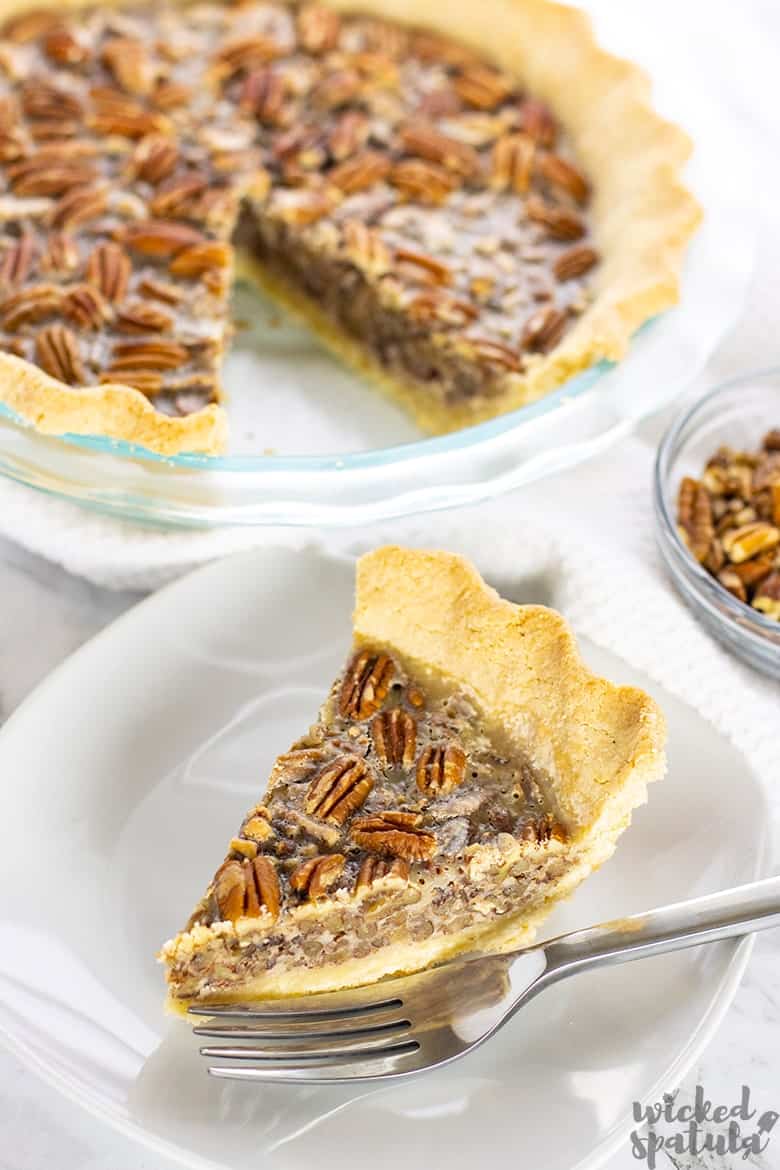 slice of paleo pecan pie on a plate