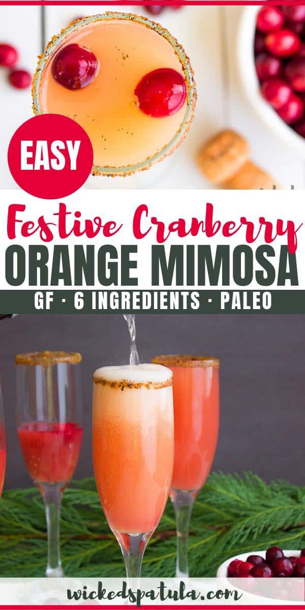 Holiday Orange Cranberry Mimosa Recipe | Cranberry mimosa (holiday mimosa) is bright, beautiful, and bubbly! This cranberry orange mimosa takes just a few minutes to make and looks stunning! #wickedspatula #paleo #holidaymimosa #cranberrrymimosa