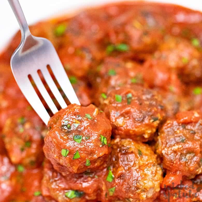 baked paleo meatballs on a fork