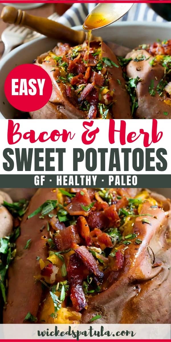 Baked Sweet Potatoes with Brown Butter, Bacon and Herbs - Pinterest Image