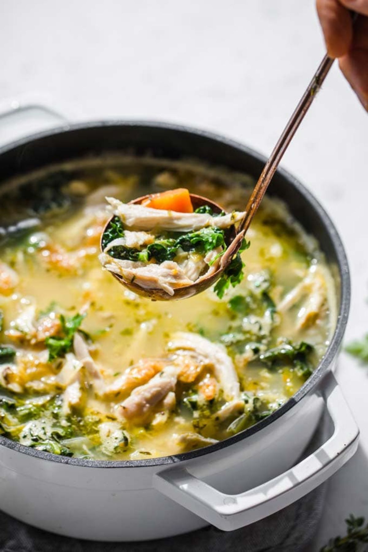 a cast iron casserole dish filled with roast chiken soup. A ladel is pulling a spoonful of soup out of the bowl