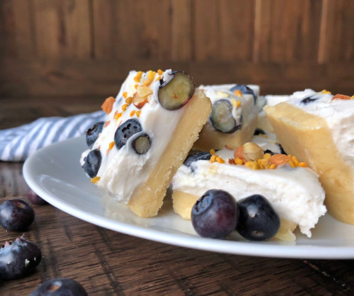 A white plate of blueberry cheesecake bars. fresh blueberries are scattered around