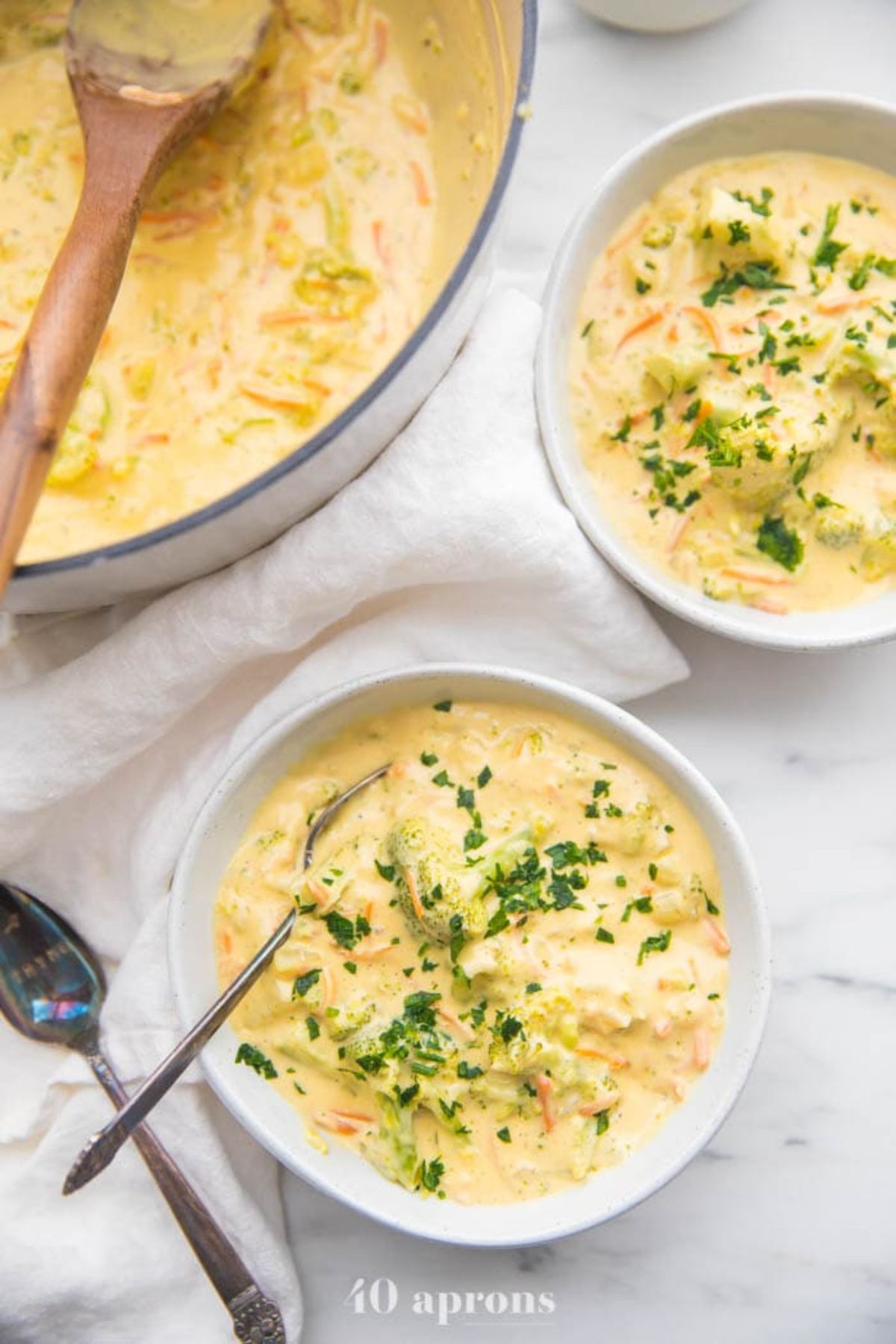 2 bowls of cheesy broccoli soup sprinkled with herbs. A large pot of the soup is to the left