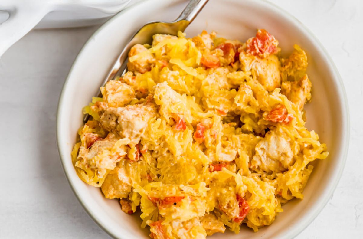 A white bowl with a spaghetti squash casserole