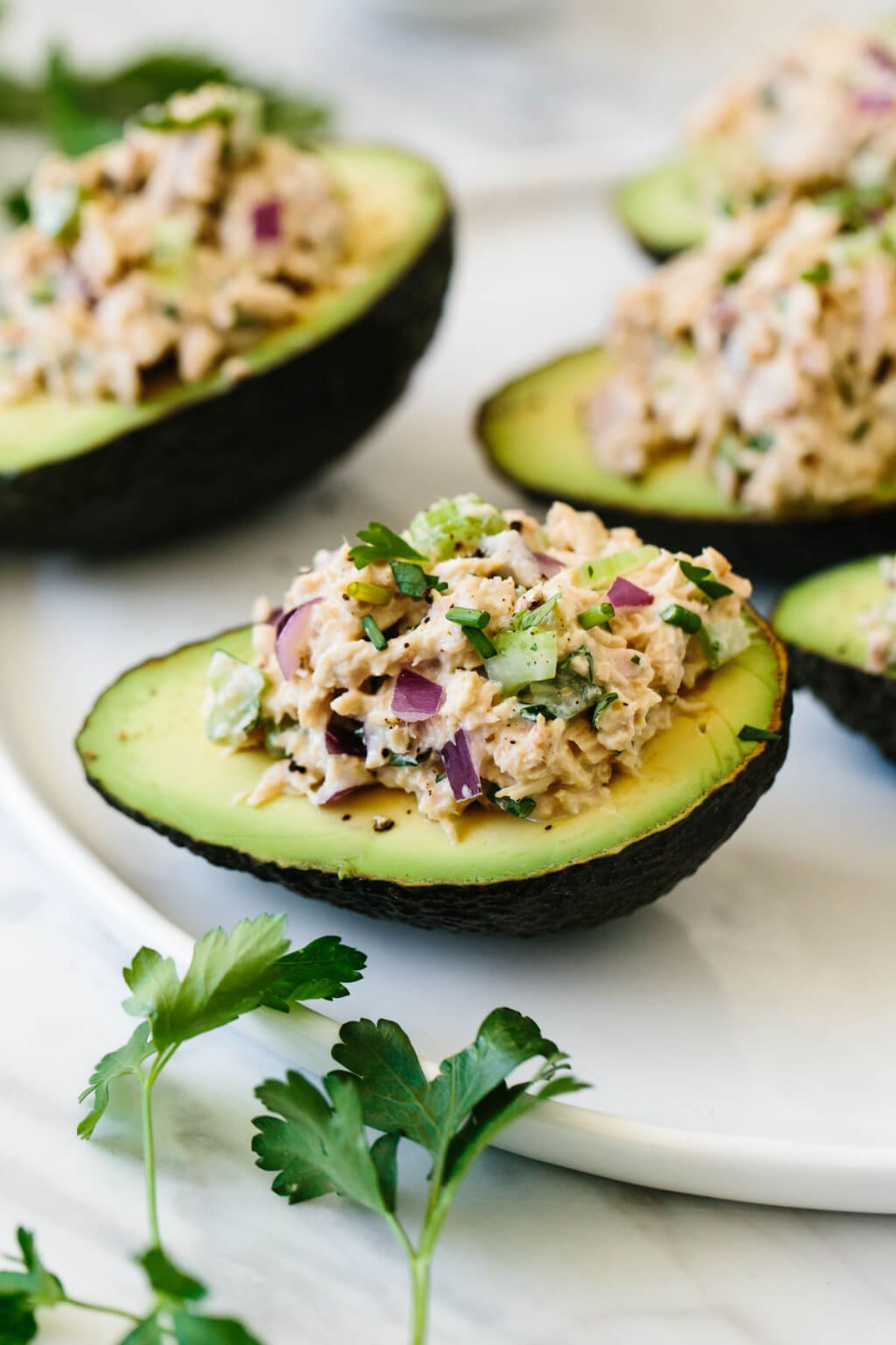 A partial shot of a large white plate with avocado halves stuffed with tuna salad. Sprigs of parsely are in the foreground