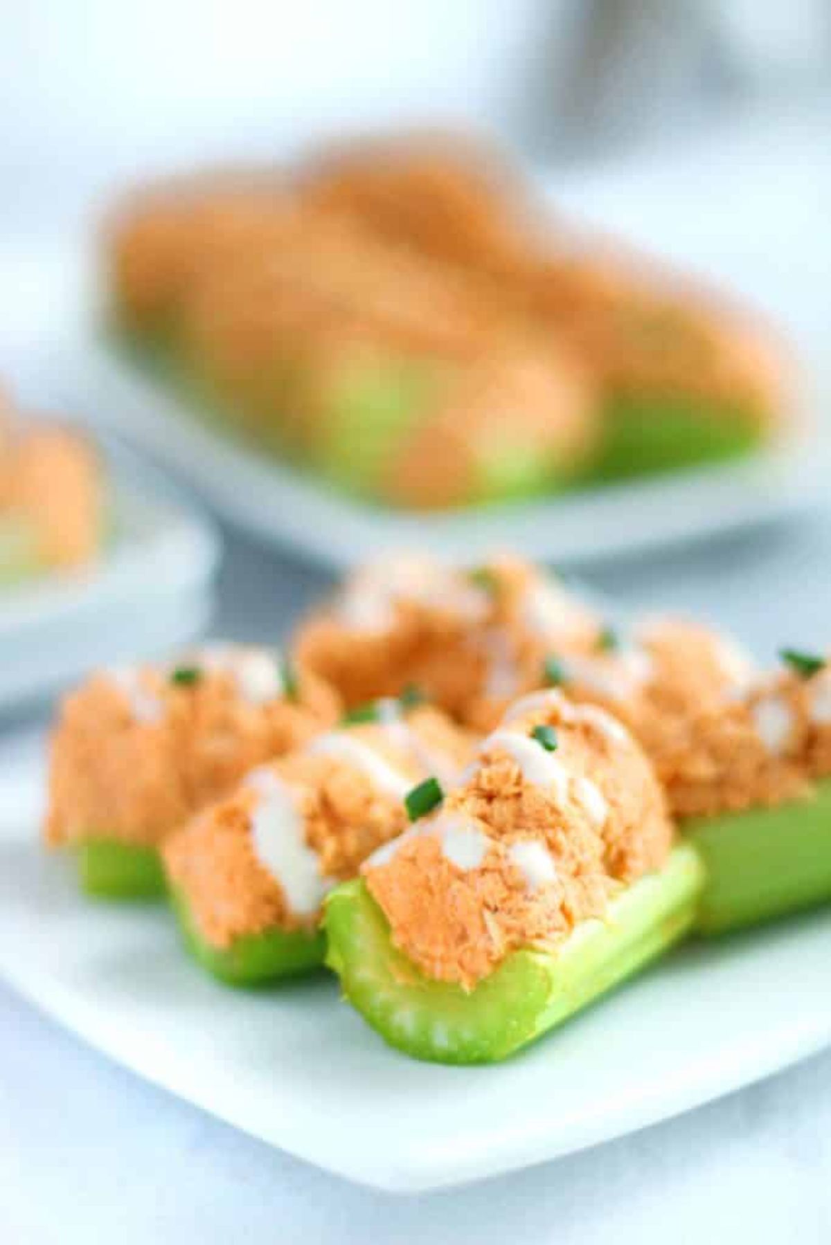 A blurred shot of a whote plate with celery sticks stuffed with tuna salad. In the foreground is a small plate filled with small celery sections stuffed with buffalo tuna salad
