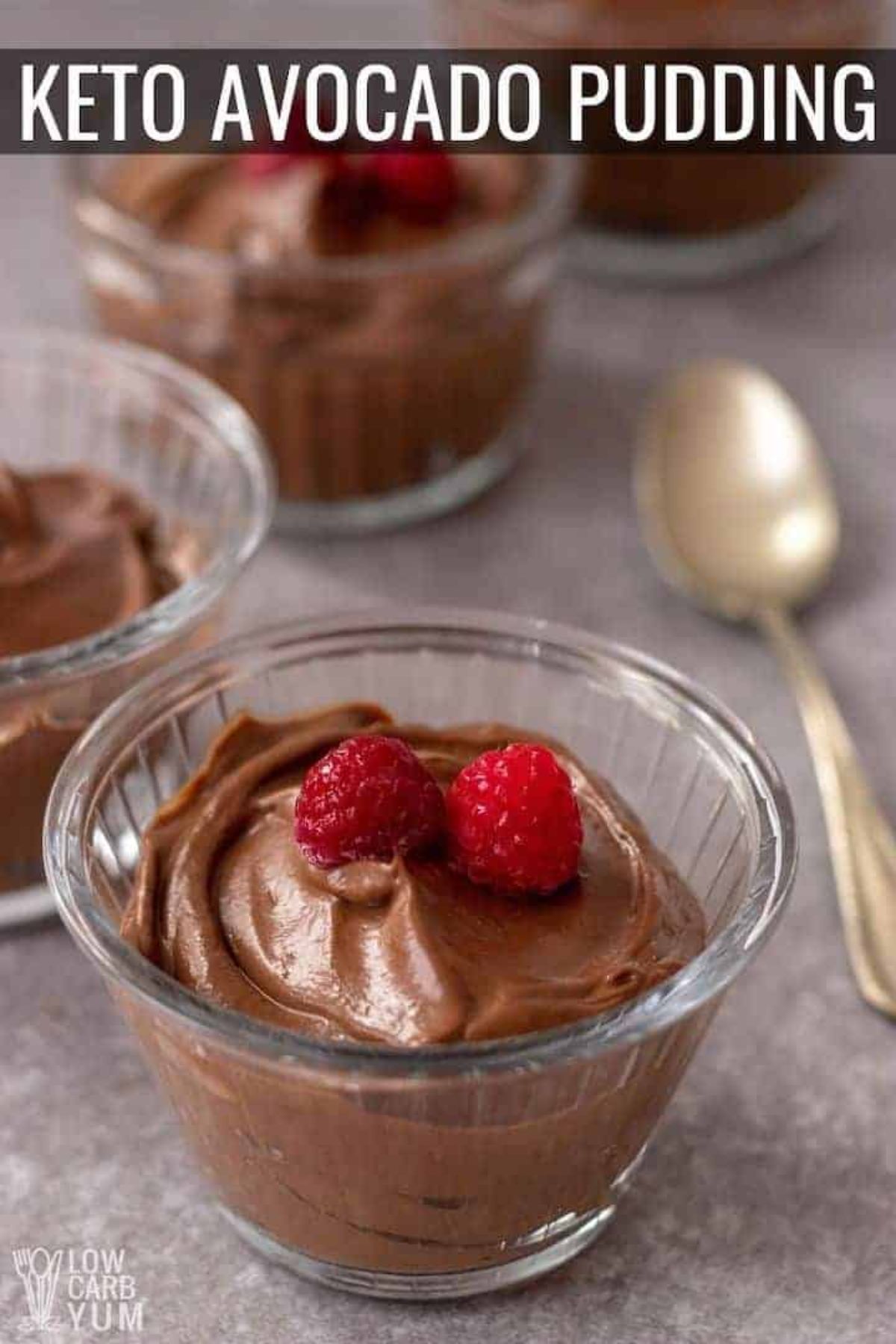 The text reads "Keto avocado pudding". The photo is of a gray work surface with 4 glass pots filled with chocolate pudding and topped with 2 raspberries