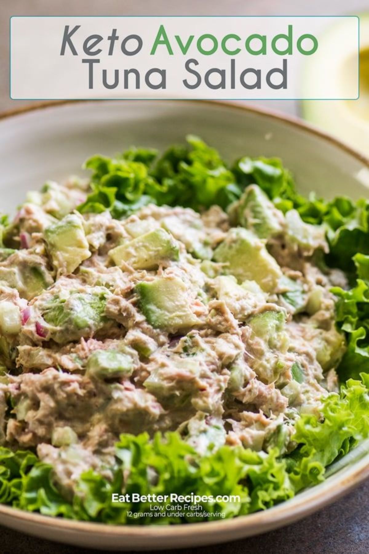 The text reads "Keto avocado tuna salad". The photo is of a pottery bowl with a bed of lettuce and a tuna avocado salad on top