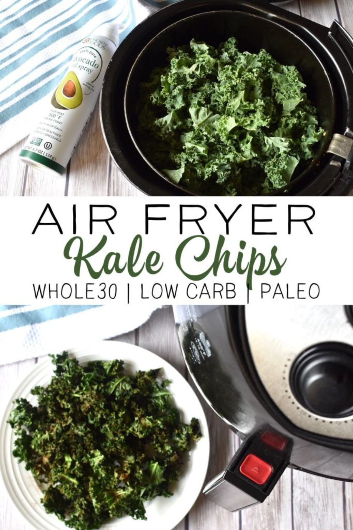 On a table is an air fryer with kale leaves ready to go in. Avocado spray is next to the fryer and there is a plate of air fried kale leaves to the bottom left