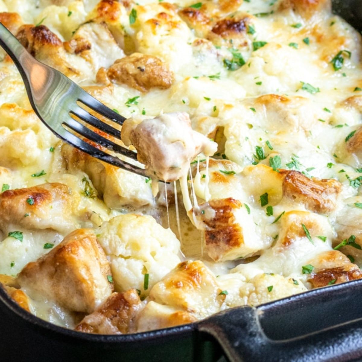 a partial shot of a cast iron casserole dish. In it is a cheesey chicken casserole. A metal fork is lifting a piece of chicken out of the dish