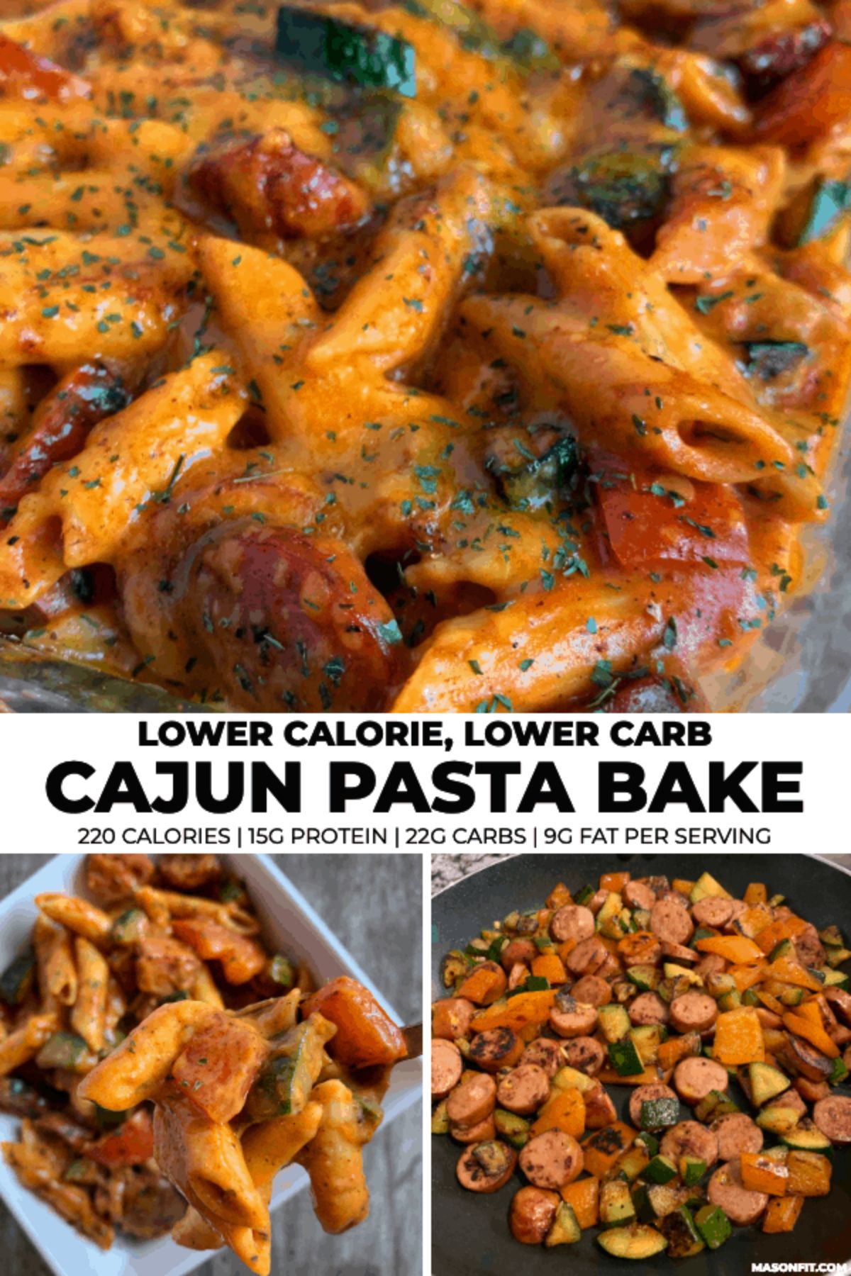 The text reads "Lower calorie, Lower carb Cajun pasta bake. 220 calories, 15g protein 22g carbs 9g fat per serving" The phots are of penne covered in a creamy tomato sauce mixed with sliced sausage and herbs