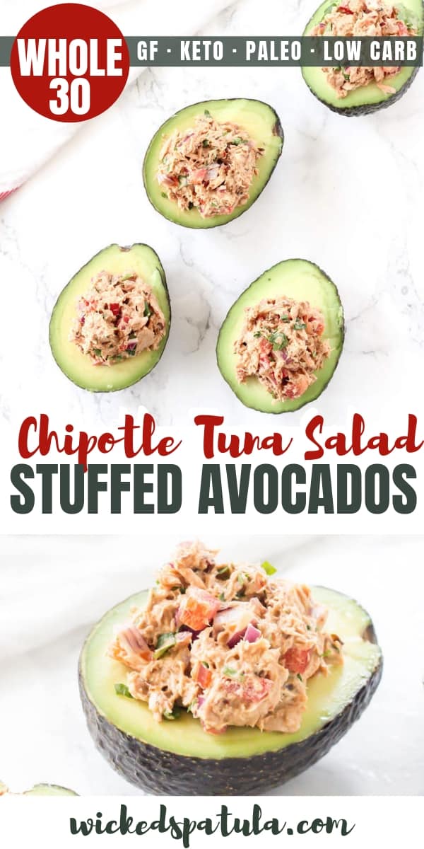 Chipotle Paleo Whole30 Tuna Stuffed Avocado Recipe - Pinterst image