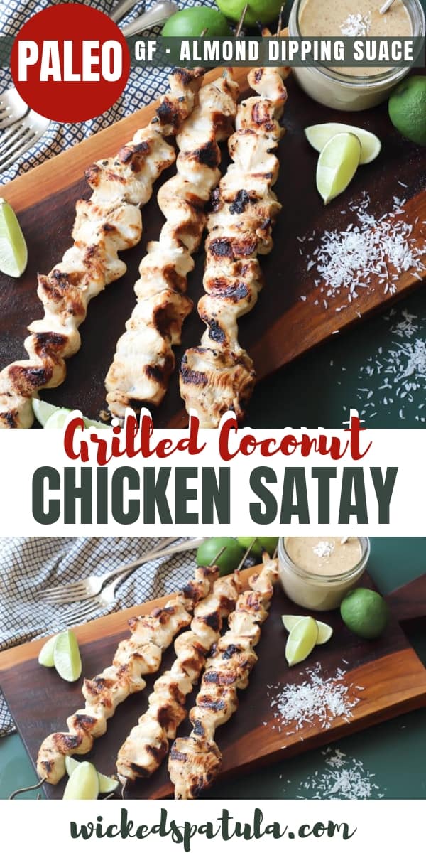 Thai chicken satay skewers with lime wedges and almond dipping sauce