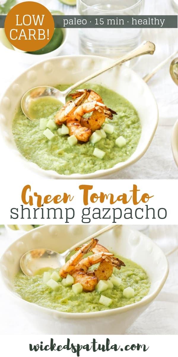 Green Tomato Gazpacho with Grilled Shrimp - Pinterest image