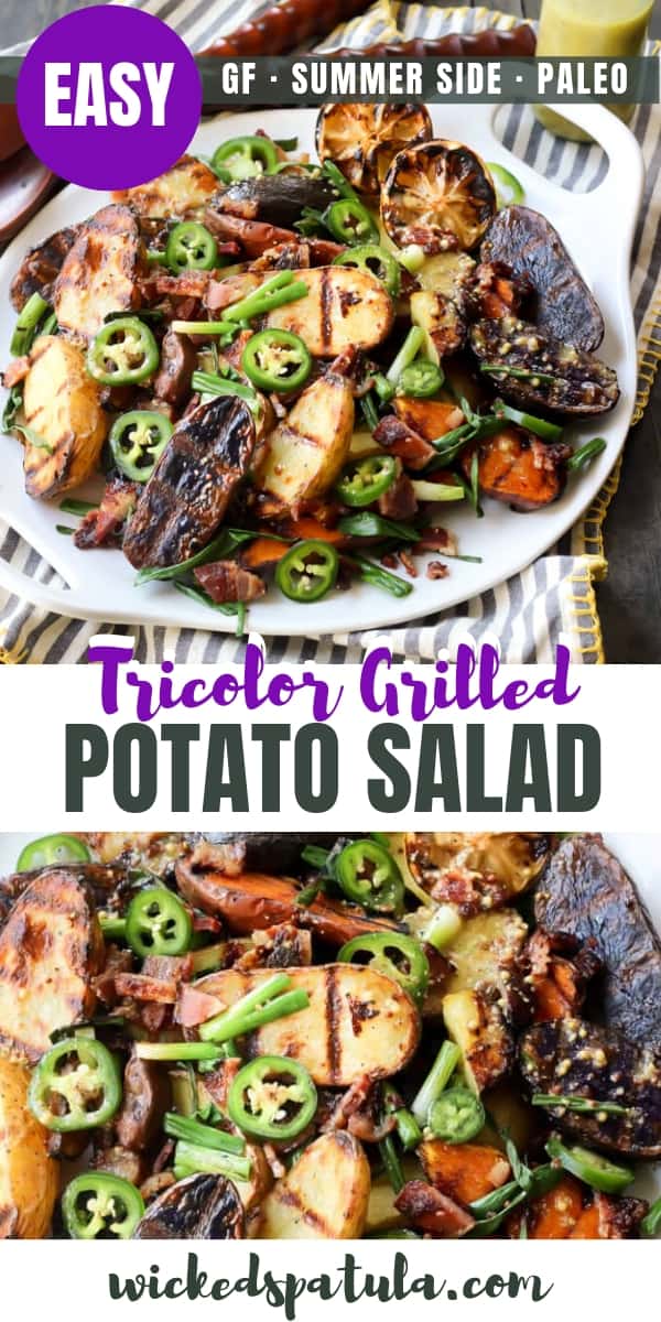 Tricolor Grilled Potato Salad with Bacon, Spring Onions, and Mustard Vinaigrette - Pinterest image