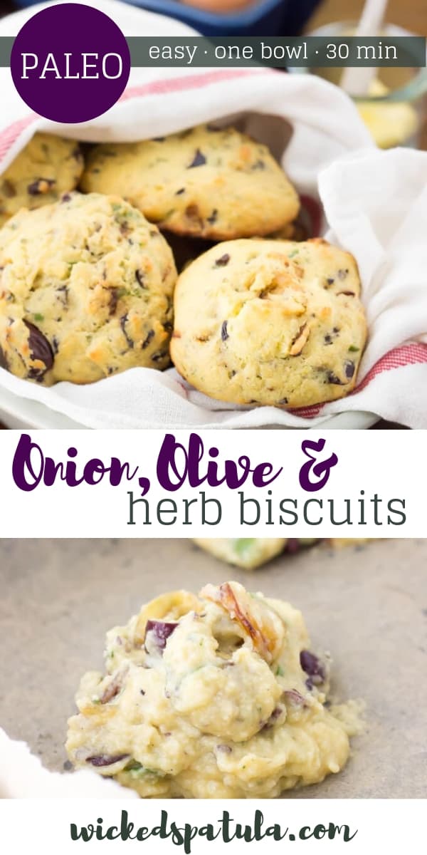 Olive, Caramelized Onion, and Herb Drop Biscuits - Pinterest image 