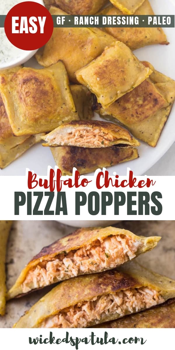 Paleo Buffalo Chicken Pizza Poppers - Pinterest image
