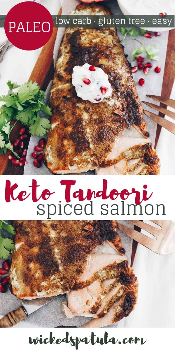 Paleo Tandoori Spiced Salmon With Pomegranate Cucumber Raita - Pinterest image