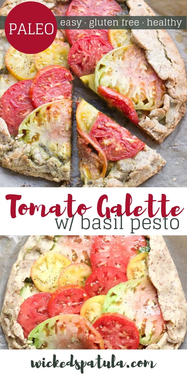 Rustic Paleo Tomato Galette with Arugula Basil Pesto - Pinterest image