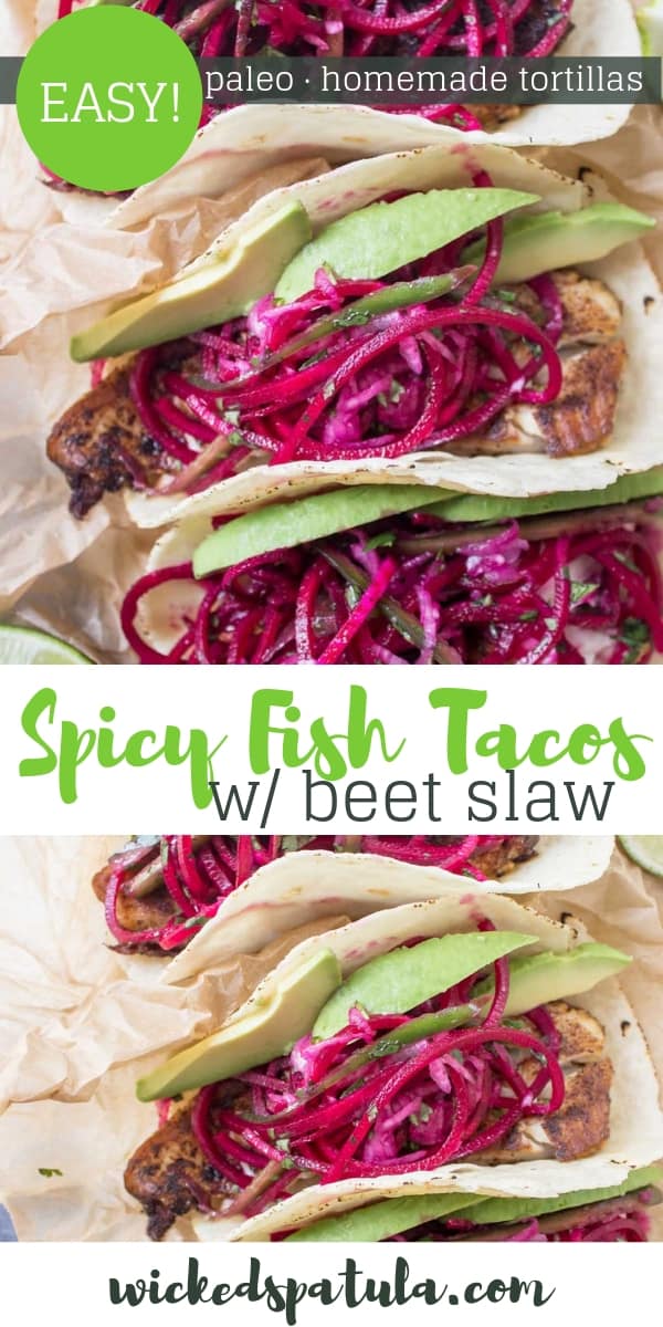 Spicy Fish Tacos with Beet Slaw - Pinterest image