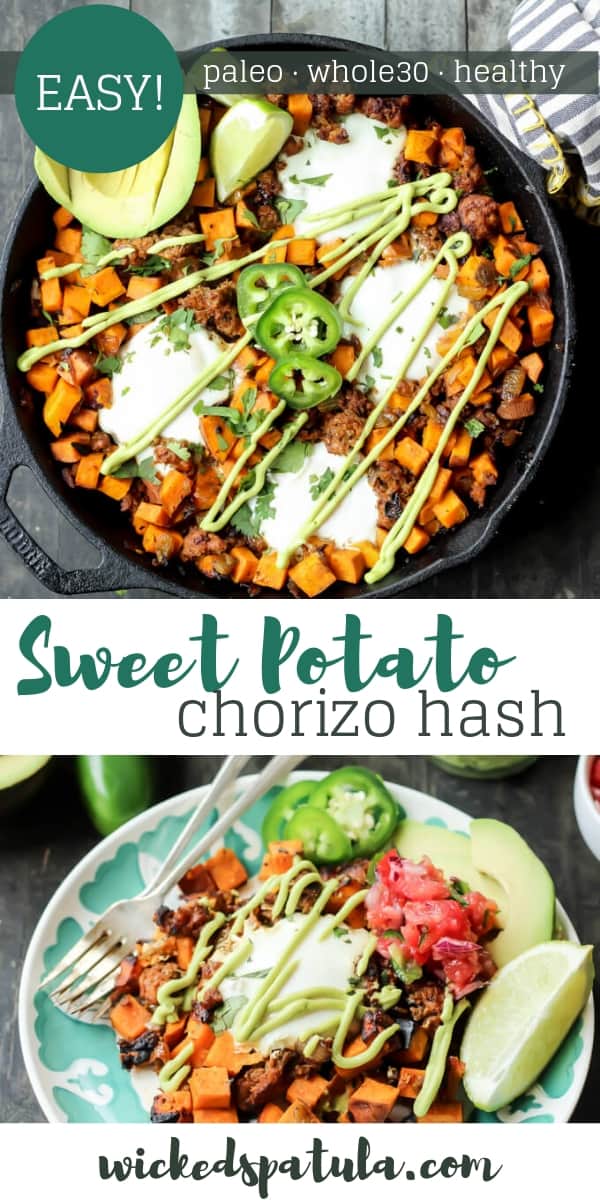 Sweet Potato Chorizo Hash with Eggs and Avocado Crema - Pinterest image
